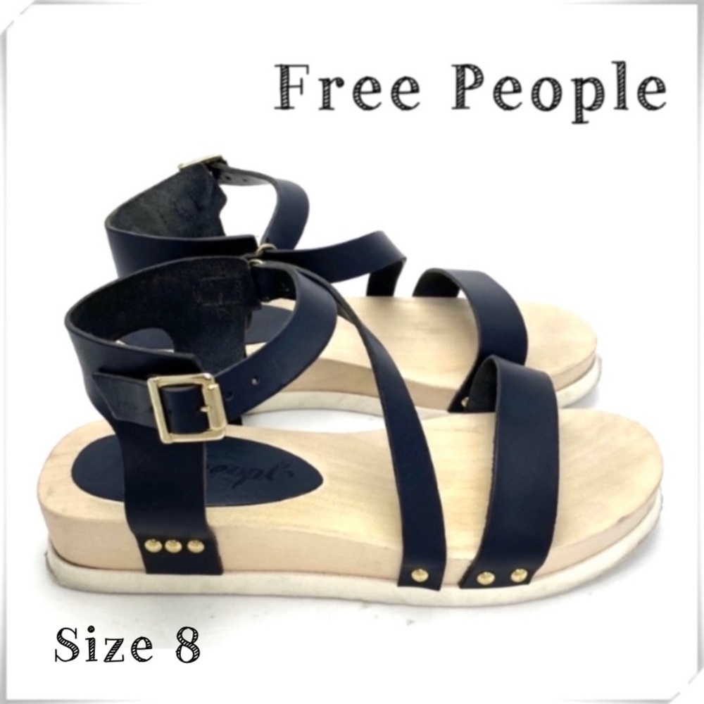 FREE People Leather Ankle Lace Straps Wood Sole Sandal in Black Size 8